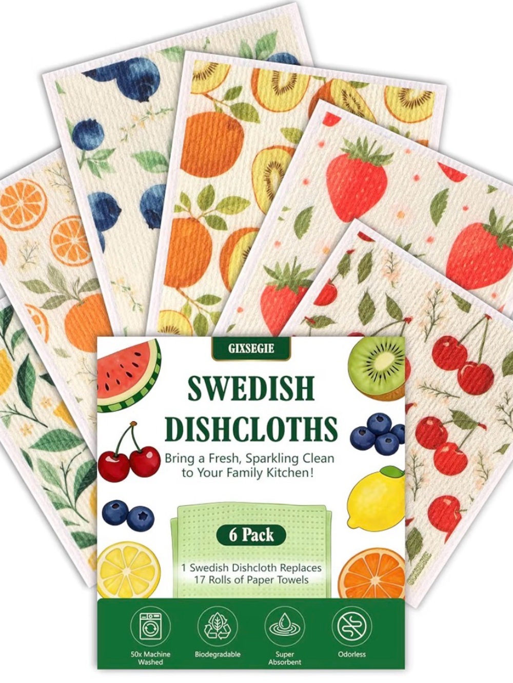 Swedish Dishcloths for Kitchen, 6 Pack Reusable Paper Towels
